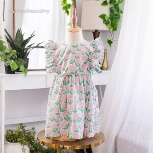 cuteheads Girls Pink and Green Floral Cotton Flutter Sleeve Pinafore Dress 5